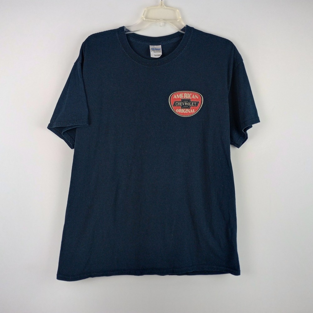 Gildan Mens L Blue Short Sleeve Graphic Motor Racing American Original TShirt
